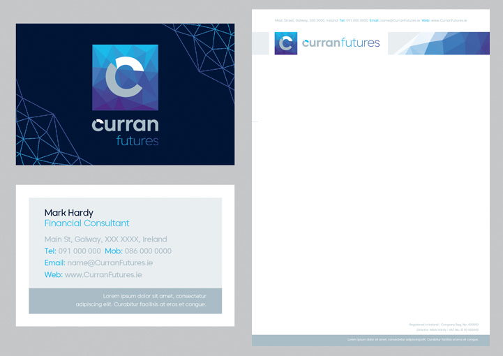Curran Futures business card and stationery design