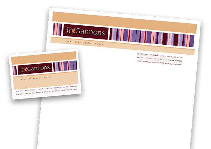 JJ Gannons Hotel business card and letterhead design