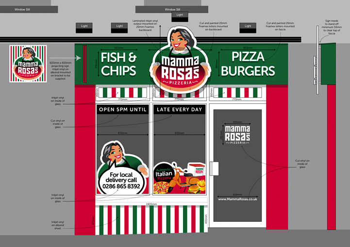 Mamma Rosa's Pizzeria fast food shop sign design