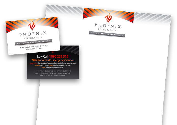 Phoenix Restoration business card and letterhead design