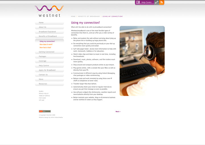 WestNet Broadband web page design